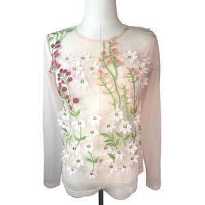 ZARA Sheer Mesh Small Floral Embroidered Long Sleeve Lightweight Dainty